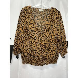 Melloday‎ Floral Mustard Top Faux Wrap Gathered Waist Puff Sleeve Romance Career